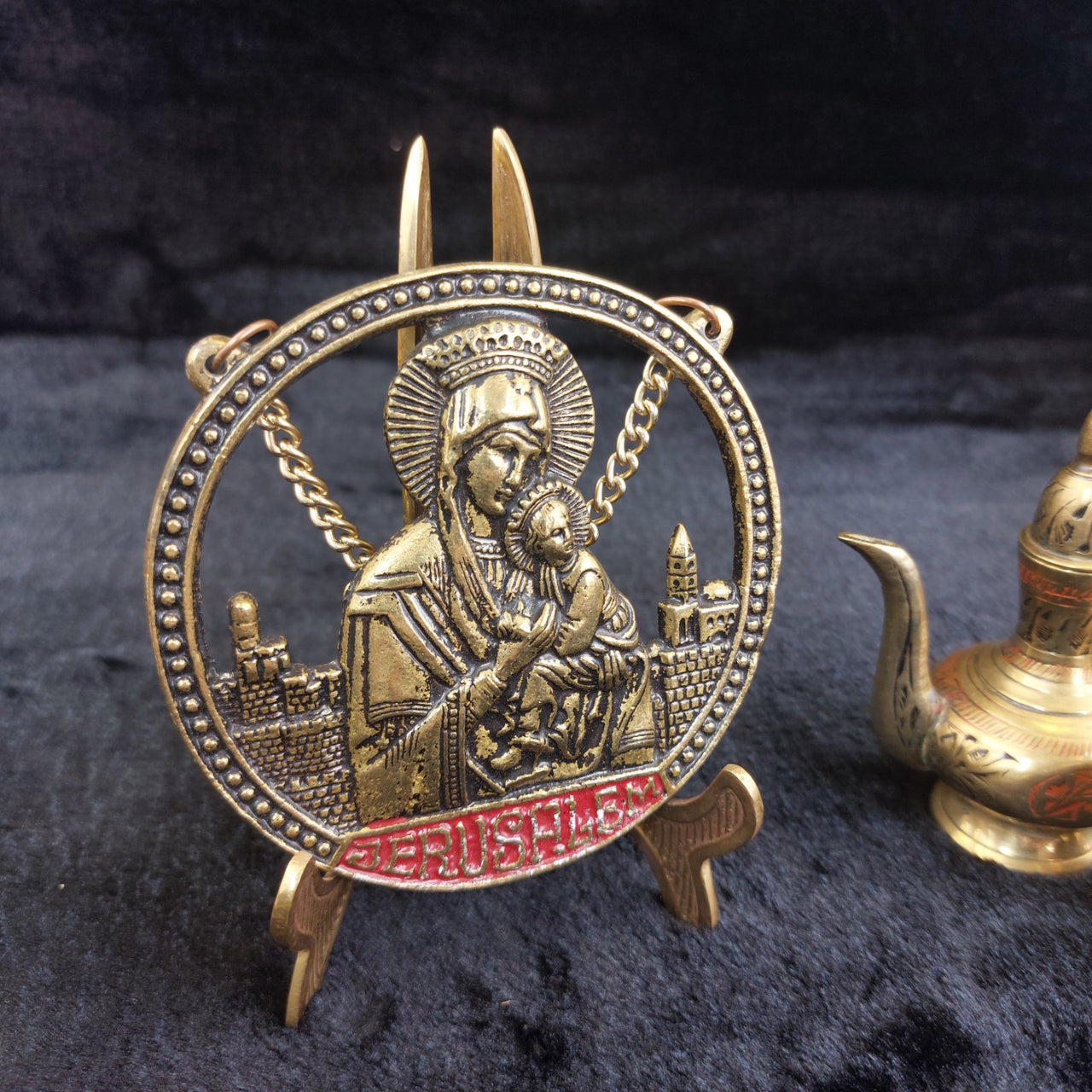 Brass Religious Jerusalem Plaque & Pic Holder & 2×Pitcher Collectable decor gold7