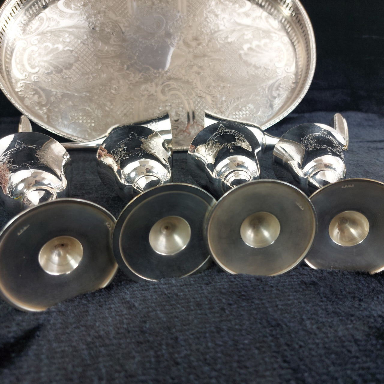 Sheffield Plated Silver Goblets & Tray Set 7pc EPNS Ornate Engraved Vintage Deco7
